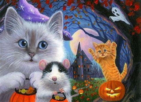 Aceo Original Kitten Cat Mouse Halloween Moon Ghost House Painting Art
