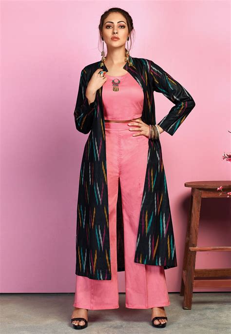 Pink Readymade Palazzo Suit With Jacket 163923 Kurti Designs Party