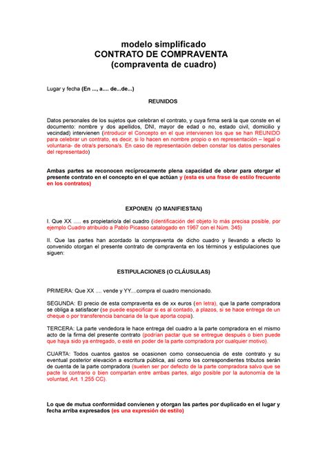 Modelo De Redacción De Contrato De Compraventa De Cuadro Modelo