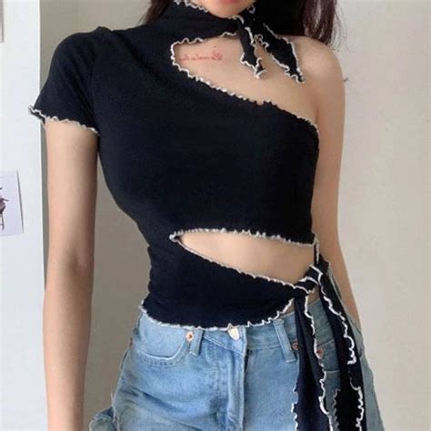 Womens Ripped One Sleeve Halter Neck Crop Top Gothic Crop Etsy