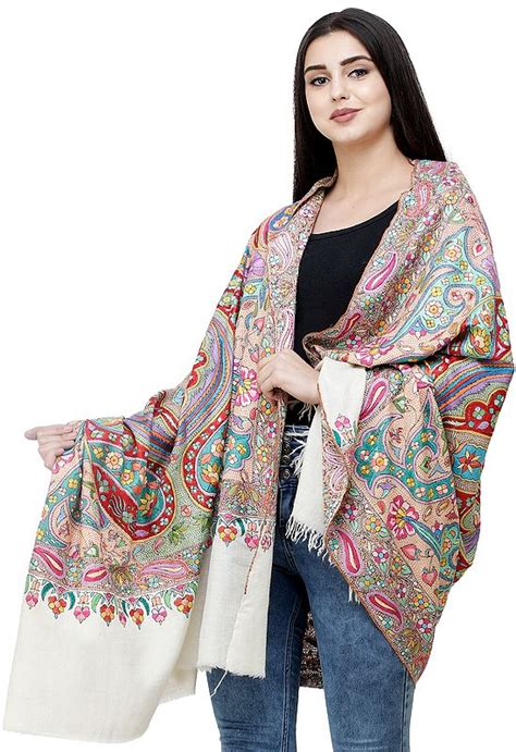 Cream Pure Pashmina Shawl From Kashmir With Sozni Hand Embroidered