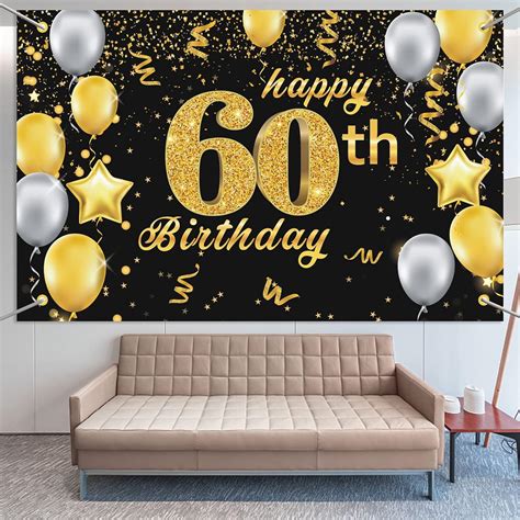 Happy 60th Birthday Backdrop Large Fabric Black Gold 60th Anniversary