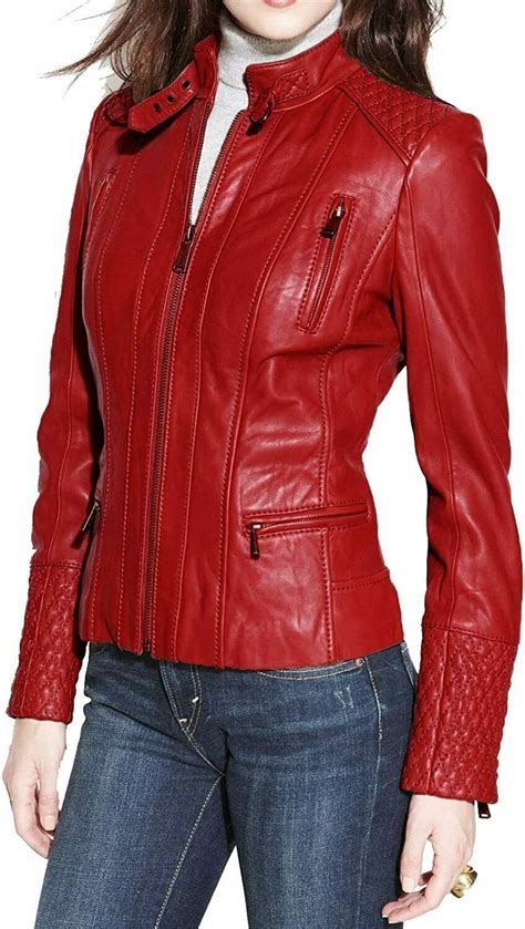 Hot Womens Pure Lambskin Leather Jacket Biker Red Quilted Trendy