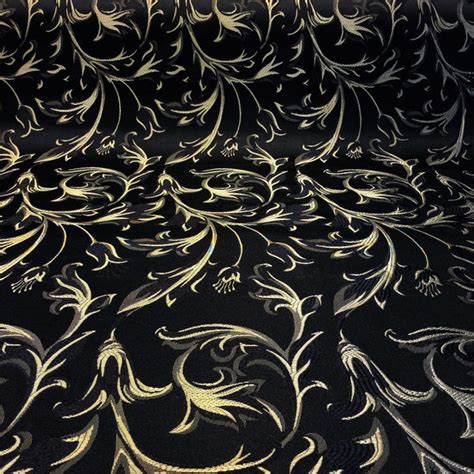 Jacquard Damask Print Fabric Black Gold For Curtains And Decorations