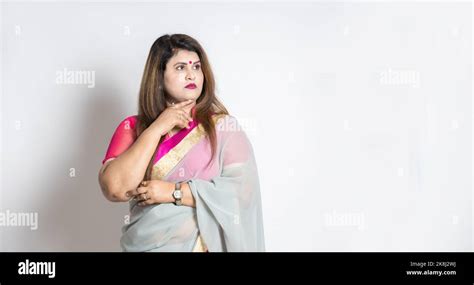 Portrait Of Overweight Mature Beautiful Indian Woman Wearing Saree