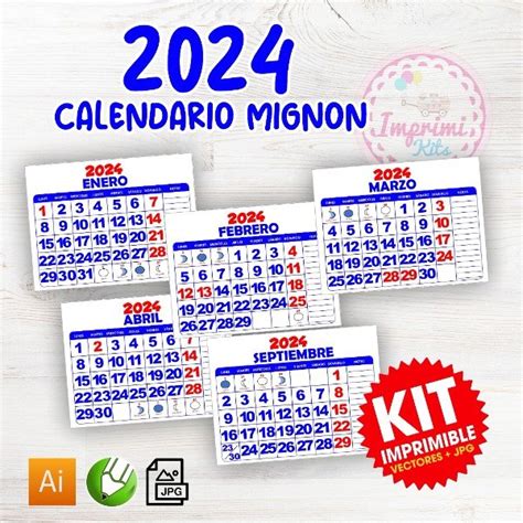 Calendarios Mignon 2024 Kit Imprimible Vectores Pdf  Imprimikits