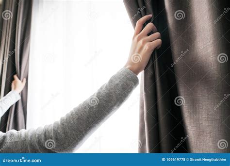 Closeup Of Women Hand Opening Curtain Stock Photo Image Of Curtain