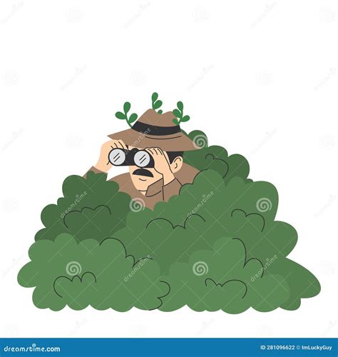 Detective Hiding Behind Bush Watching In Binocular Cartoon Vector