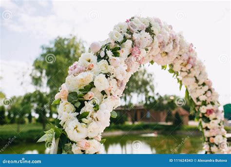 Wedding Arch Close Up Decorated With Flowers White And Pink Roses And
