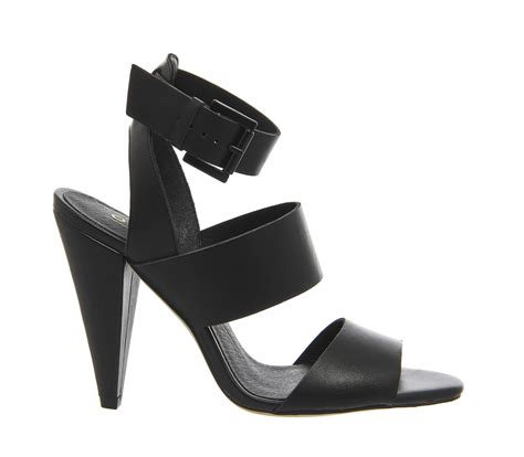 Office Tainted Strappy Cone Heels Black Leather High Heels