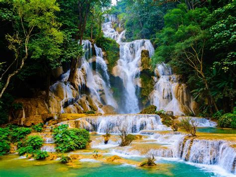 Kuang Si Falls Cascading Waterfall In Laos Known As Wat