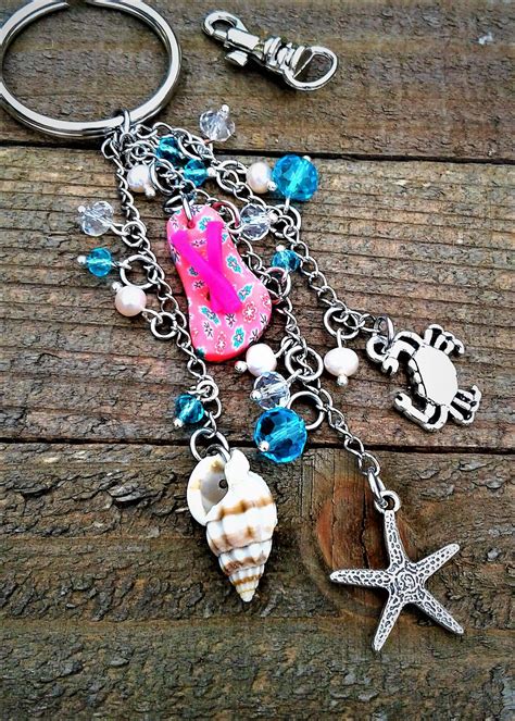 Flip Flop Beach Keychain Beach Lover Key Ring Starfish Zipper | Etsy | Car charms mirror, Beach ...