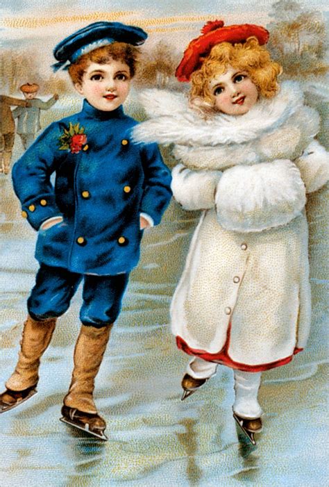 A Vintage Christmas Postcard Of Two Sweet Children Gracefully Skating