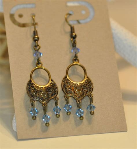 Dangle Earring In Brass And Swaroski Crystals Blue For Her Etsy