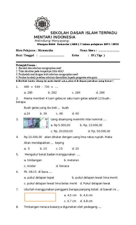 Soal Pelajaran Matematika Kelas 3 Sd Semester 2