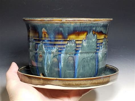 Hand Thrown Pottery Planter With Attached Drainage Plate Etsy Hand
