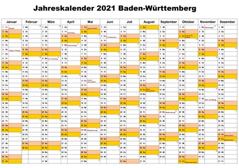 Der urlaubsplaner 2021 mit feiertagen, ferien, brückentagen und. Jahreskalender 2021 Baden-Württemberg Mit Feiertagen | The ...