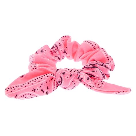 Paisley Print Bandana Bow Hair Scrunchie Neon Pink Icing Us