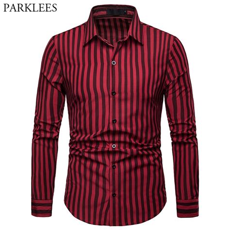 Fashion Red Striped Shirt Men 2019 Spring New Slim Fit Long Sleeve Dress Shirt Mens Business