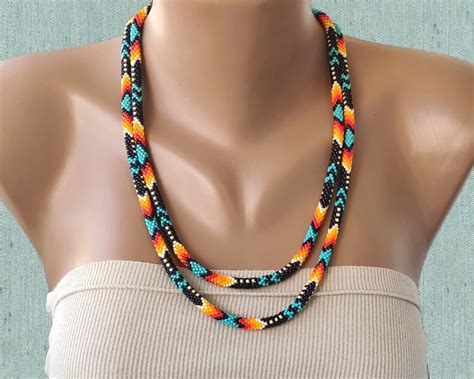 Native American Indian Necklace Long Crochet Bead Necklace Etsy