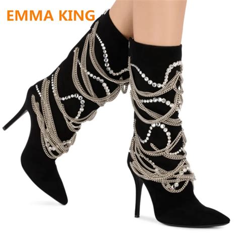 New Luxury Women Pearl Chain Mid Calf Boots Black Beading Crystal High