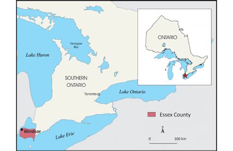 Map Of Ontario Showing The Location Of The City Of Windsor And Essex
