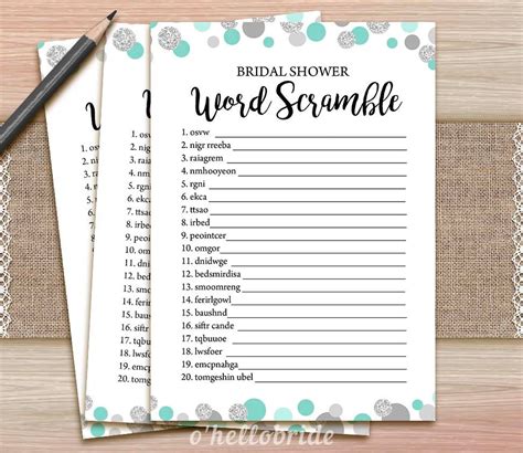 Word Scramble Game Printable Mint Turquoise Bridal Shower