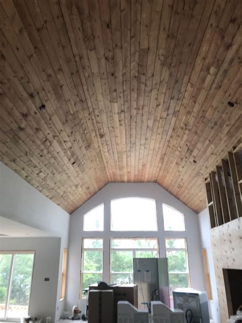 Cottage Vaulted Pine Ceiling In Early American Stain Staining