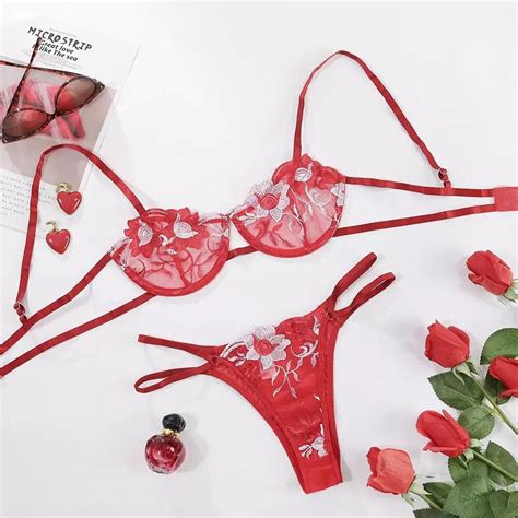 Women Sexy Lace Mesh Embroidery Red Flower Lingerie Set Sexy Etsy