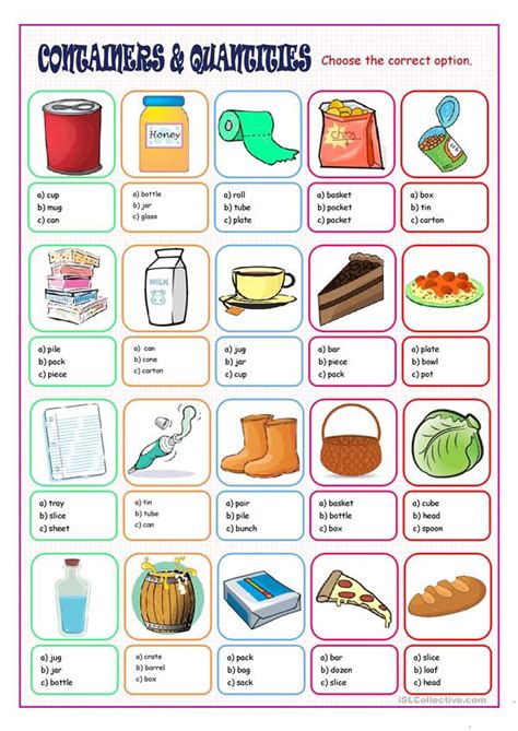containers quantities multiple choice worksheet  esl printable
