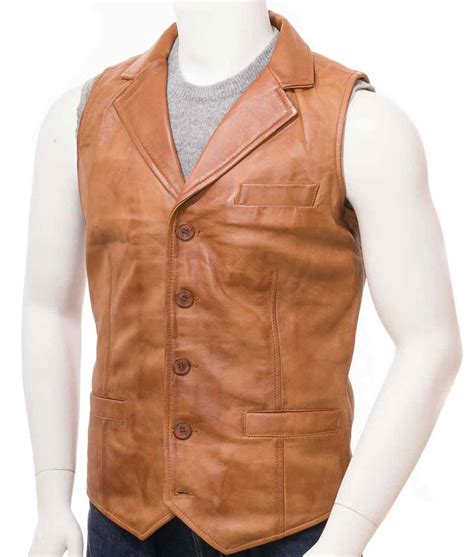Button Closure Brown Tan Leather Vest For Men Jackets Creator