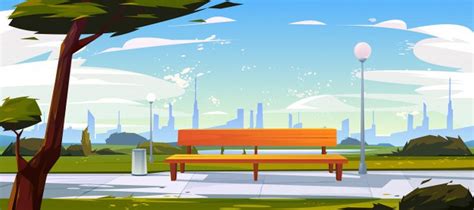 Bench In Park Summer Time Landscape With City View Paid Paid