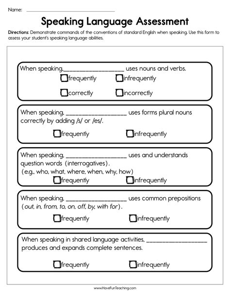 Speaking Language Assessment Worksheet Have Fun Teaching Parts Of