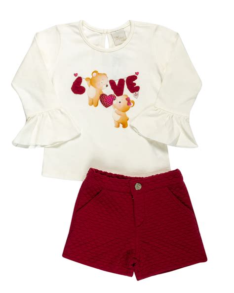 Conjunto Blusa Manga Longa Cotton E Shorts Matelassê Ursinha Love