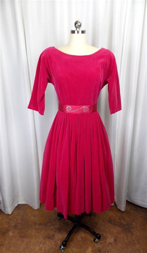 1950 s pink velvet dress with matching rhinestone bel… gem