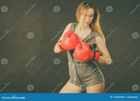 Beautiful Woman With Red Boxing Gloves Stock Image Image Of Training Fight 115392965