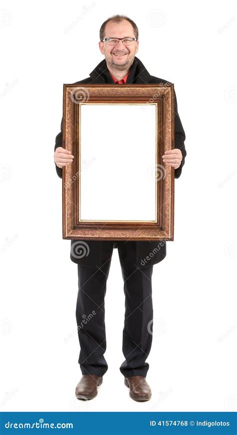 Smiling Man Holding Wooden Frame Stock Photo Image Of Photograph