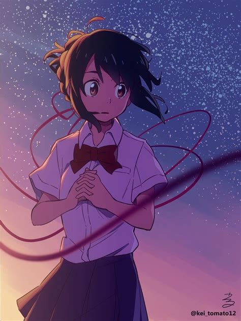 An Anime Character With Long Hair And A Bow Tie Standing In Front Of The Sky