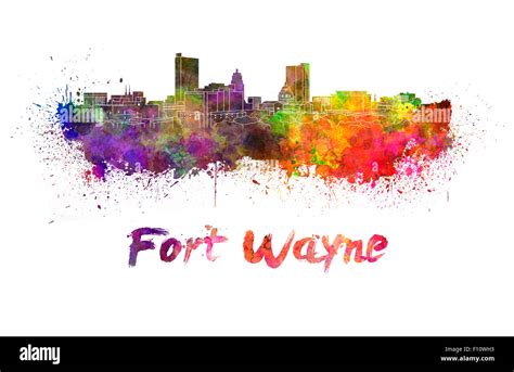 Fort Wayne Skyline In Watercolor Splatters With Clipping Path Stock