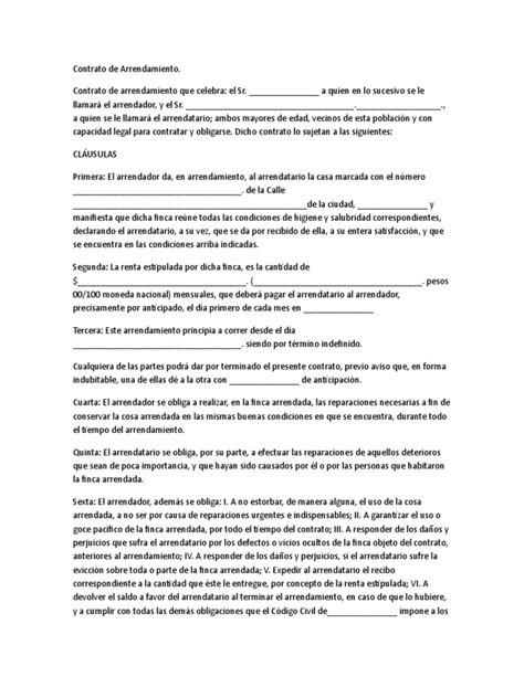 Contrato De Arrendamiento Formato Sencillo Pdf