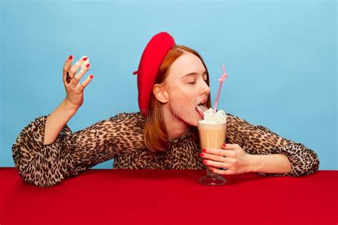 Tasting Licking Whipped Cream Young Woman In Red Beret Drinking