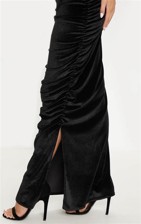 Black Velvet Cowl Neck Ruched Dress Dresses Prettylittlething Usa