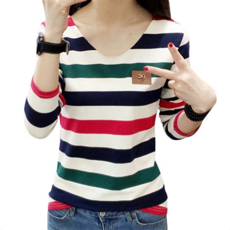 Korean Style Fashion Streetwear Women Striped Elegant Slim T Shirts