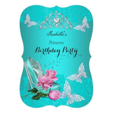 Princess Pink Rose Teal High Heel Birthday Party Invitation Zazzle