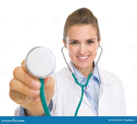Happy Doctor Woman Listening With Stethoscope Stock Images Image