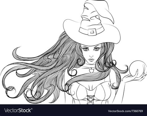 Young Witch With A Magic Ball In Hand Outline Vector Image On Vectorstock Hand Outline