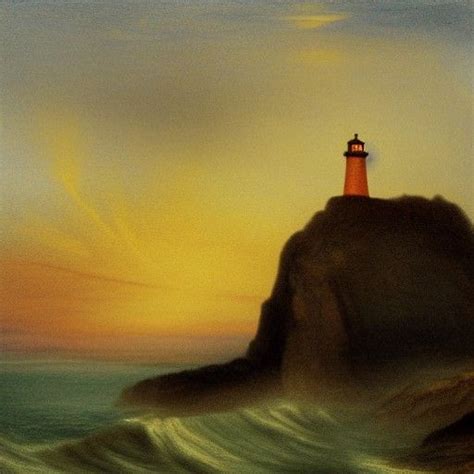 A Lonely Lighthouse On A Windswept Crag At Sunset As Painted In The