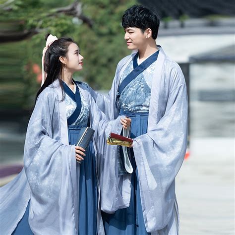 Adult Couples Blue Hanfu Set Deluxe Traditional Chinese Fancy Dress