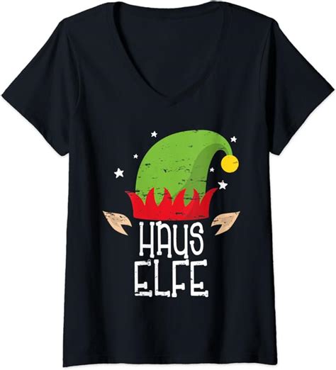 Damen Hausfrau Haus Elfe Partnerlook Familien Outfit Weihnachten T Shirt Mit V Ausschnitt