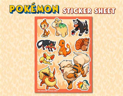 Pokemon Sticker Sheet Fire Types Etsy